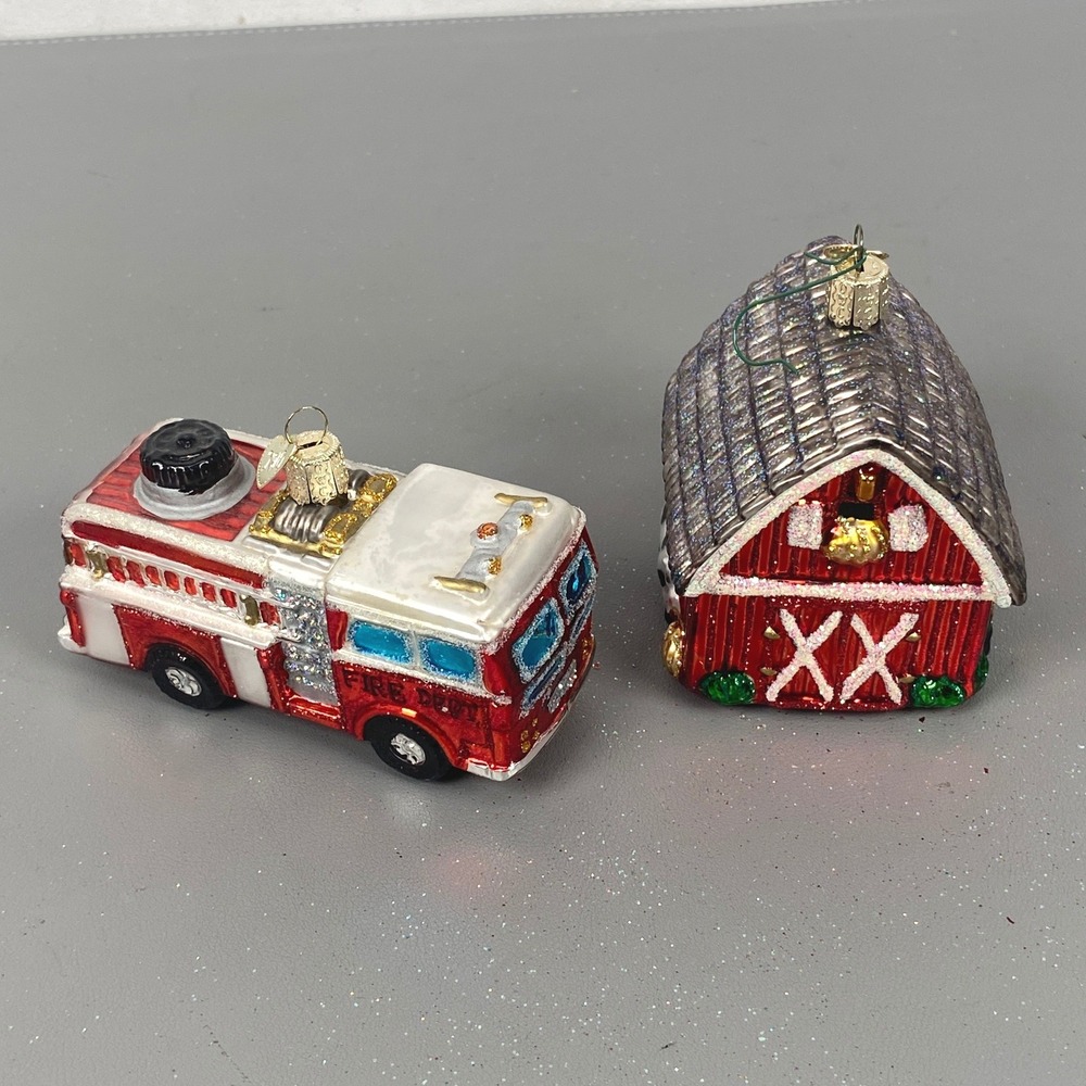Old World Christmas Glass Holiday Ornaments Red Fire Truck & Farm Cow Barn